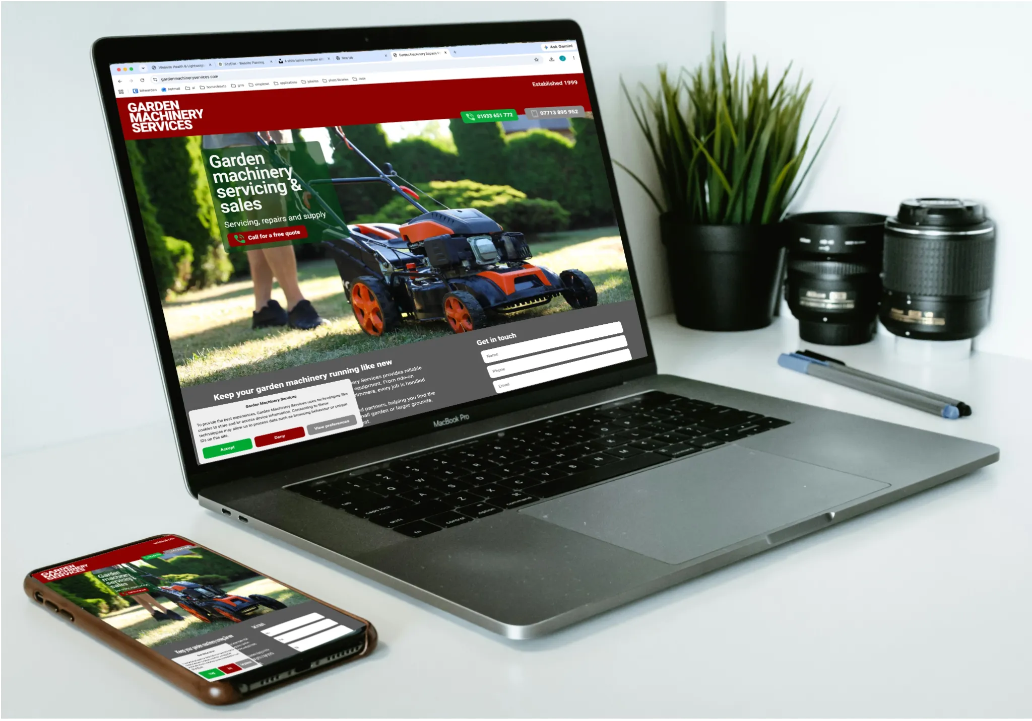 Garden Machinery Services website displayed on a laptop and mobile phone